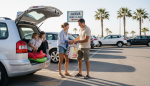 Family choosing rental car in Javea parking lot