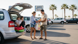 Family choosing rental car in Javea parking lot