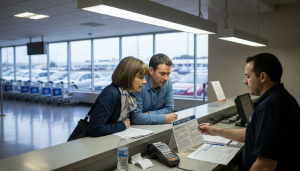Travelers reviewing car rental insurance options