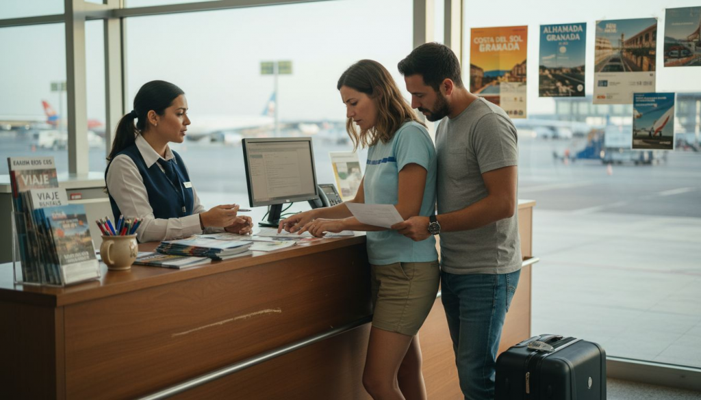 Tourists at rental counter in Spanish airport