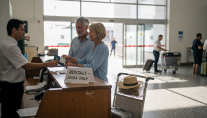 Travelers handing documents at car rental desk