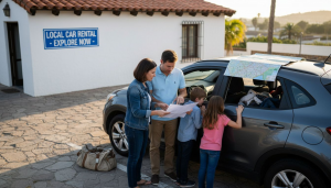 Family picking up rental car at Javea office