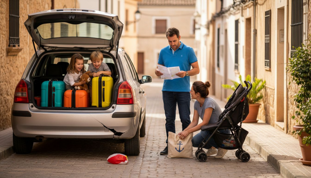 Family loading baggage into rental car on Javea street
