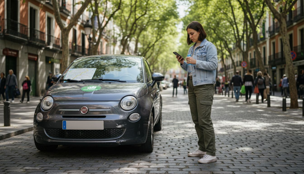 Traveler with eco rental car on Madrid street