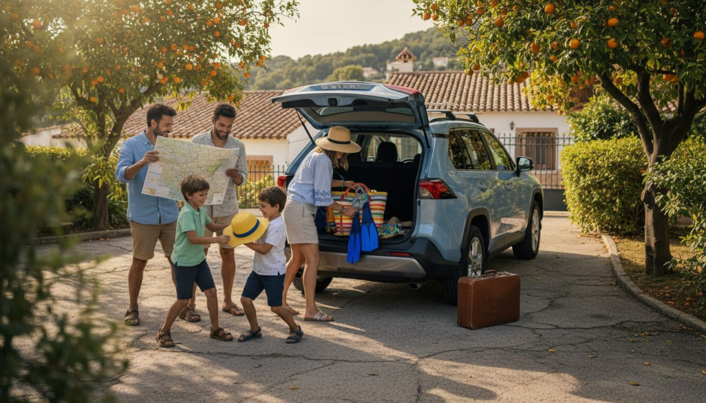 Family loading car with luggage in driveway
