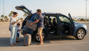 Family preparing rental car in sunny parking lot
