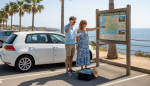 Couple reviewing car rental paperwork Javea
