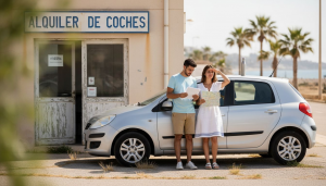 Couple reviewing paperwork at Javea car rental office