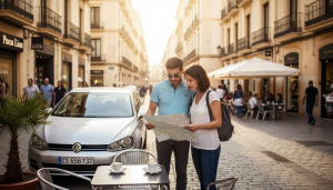 Couple with rental car exploring Alicante streets